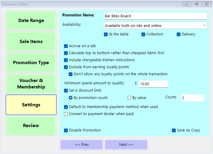 shows the various settings for a promotion