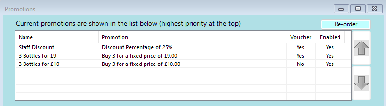 shows list of promotions with re-order button
