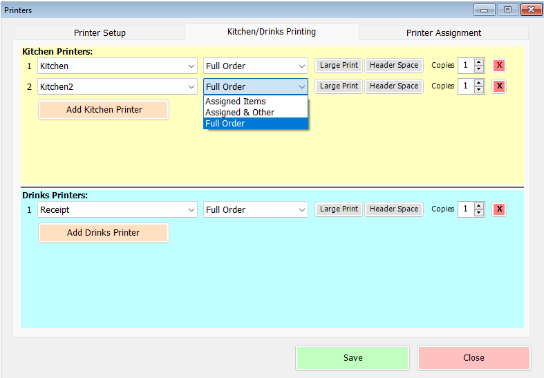 shows addition of second kitchen printer, with options for what to print