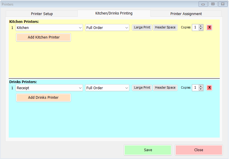 shows kitchen and drinks printer setup tab