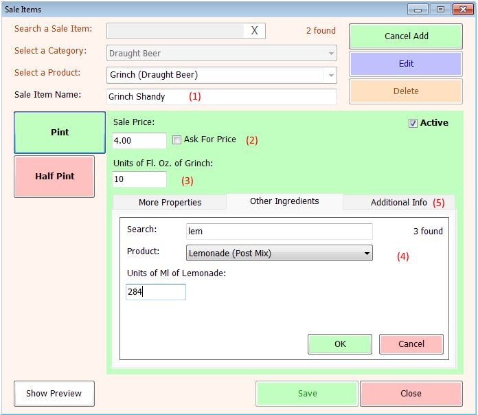 shows sale items form while adding new item with other ingredients