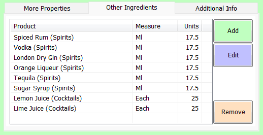 shows list of cocktail ingredients within sale item form